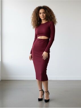 PrettyGarden Body-con Burgundy Long Sleeve Cutout Midi Dress - Size S
